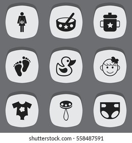 Set Of 9 Editable Child Icons. Includes Symbols Such As Goplet, Pregnancy, Small Dresses And More. Can Be Used For Web, Mobile, UI And Infographic Design.