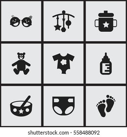 Set Of 9 Editable Child Icons. Includes Symbols Such As Adorn, Footmark, Nursing Bottle And More. Can Be Used For Web, Mobile, UI And Infographic Design.
