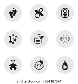 Set Of 9 Editable Child Icons. Includes Symbols Such As Nursing Bottle, Bath Toys, Soothers And More. Can Be Used For Web, Mobile, UI And Infographic Design.