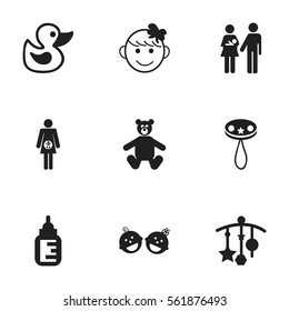Set Of 9 Editable Child Icons. Includes Symbols Such As Bath Toys, Pregnancy, Adorn And More. Can Be Used For Web, Mobile, UI And Infographic Design.
