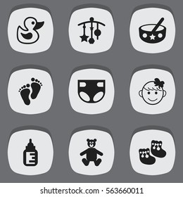 Set Of 9 Editable Child Icons. Includes Symbols Such As Bath Toys, Shoes For Babies, Nappy And More. Can Be Used For Web, Mobile, UI And Infographic Design.