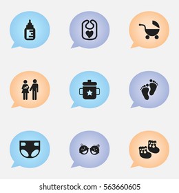 Set Of 9 Editable Child Icons. Includes Symbols Such As Nursing Bottle, Twins Babies, Stroller And More. Can Be Used For Web, Mobile, UI And Infographic Design.