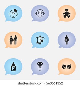 Set Of 9 Editable Child Icons. Includes Symbols Such As Nursing Bottle, Rattle, Twins Babies And More. Can Be Used For Web, Mobile, UI And Infographic Design.