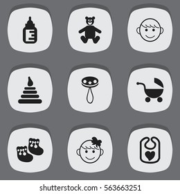 Set Of 9 Editable Child Icons. Includes Symbols Such As Pinafore, Merry Children, Teddy And More. Can Be Used For Web, Mobile, UI And Infographic Design.