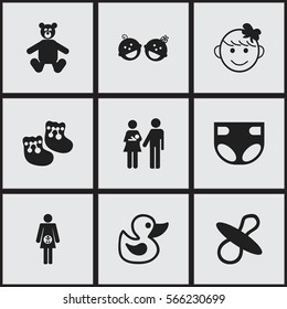 Set Of 9 Editable Child Icons. Includes Symbols Such As Twins Babies, Bath Toys, Shoes For Babies And More. Can Be Used For Web, Mobile, UI And Infographic Design.