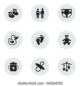 Set Of 9 Editable Child Icons. Includes Symbols Such As Nappy, Lineage, Bath Toys And More. Can Be Used For Web, Mobile, UI And Infographic Design.