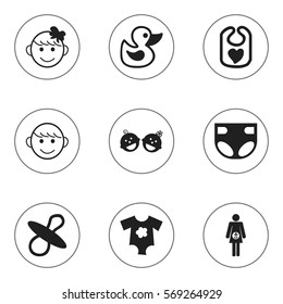 Set Of 9 Editable Child Icons. Includes Symbols Such As Small Dresses, Merry Children, Nappy And More. Can Be Used For Web, Mobile, UI And Infographic Design.