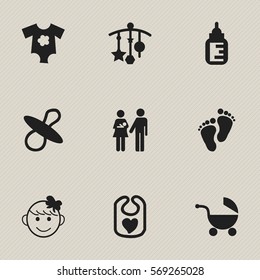 Set Of 9 Editable Child Icons. Includes Symbols Such As Cheerful Child, Nursing Bottle, Small Dresses And More. Can Be Used For Web, Mobile, UI And Infographic Design.