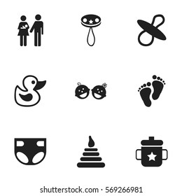 Set Of 9 Editable Child Icons. Includes Symbols Such As Lineage, Rattle, Bath Toys And More. Can Be Used For Web, Mobile, UI And Infographic Design.