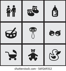 Set Of 9 Editable Child Icons. Includes Symbols Such As Bath Toys, Stroller, Lineage And More. Can Be Used For Web, Mobile, UI And Infographic Design.