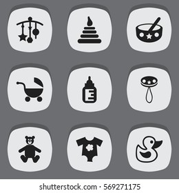 Set Of 9 Editable Child Icons. Includes Symbols Such As Stroller, Bath Toys, Nursing Bottle And More. Can Be Used For Web, Mobile, UI And Infographic Design.