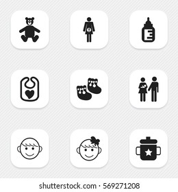Set Of 9 Editable Child Icons. Includes Symbols Such As Merry Children, Pregnancy, Cheerful Child And More. Can Be Used For Web, Mobile, UI And Infographic Design.