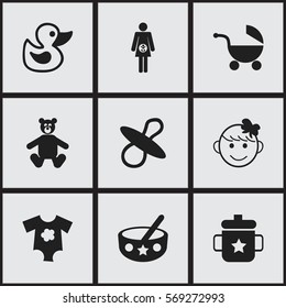 Set Of 9 Editable Child Icons. Includes Symbols Such As Cheerful Child, Small Dresses, Pregnancy And More. Can Be Used For Web, Mobile, UI And Infographic Design.