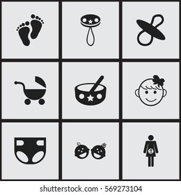 Set Of 9 Editable Child Icons. Includes Symbols Such As Stroller, Rattle, Nappy And More. Can Be Used For Web, Mobile, UI And Infographic Design.