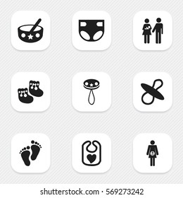 Set Of 9 Editable Child Icons. Includes Symbols Such As Spoon, Nappy, Soothers And More. Can Be Used For Web, Mobile, UI And Infographic Design.