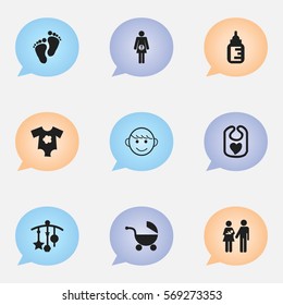 Set Of 9 Editable Child Icons. Includes Symbols Such As Pinafore, Lineage, Pregnancy And More. Can Be Used For Web, Mobile, UI And Infographic Design.