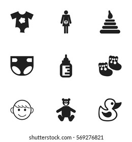 Set Of 9 Editable Child Icons. Includes Symbols Such As Pregnancy, Nappy, Merry Children And More. Can Be Used For Web, Mobile, UI And Infographic Design.