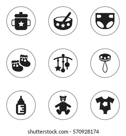 Set Of 9 Editable Child Icons. Includes Symbols Such As Small Dresses, Nappy, Goplet And More. Can Be Used For Web, Mobile, UI And Infographic Design.