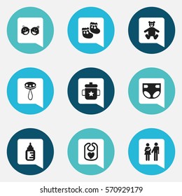 Set Of 9 Editable Child Icons. Includes Symbols Such As Nursing Bottle, Lineage, Twins Babies And More. Can Be Used For Web, Mobile, UI And Infographic Design.
