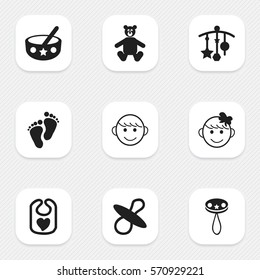 Set Of 9 Editable Child Icons. Includes Symbols Such As Cheerful Child, Spoon, Pinafore And More. Can Be Used For Web, Mobile, UI And Infographic Design.