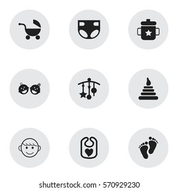 Set Of 9 Editable Child Icons. Includes Symbols Such As Adorn, Twins Babies, Tower And More. Can Be Used For Web, Mobile, UI And Infographic Design.