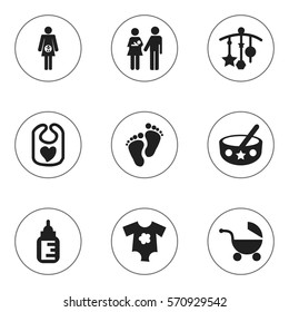 Set Of 9 Editable Child Icons. Includes Symbols Such As Nursing Bottle, Adorn, Stroller And More. Can Be Used For Web, Mobile, UI And Infographic Design.