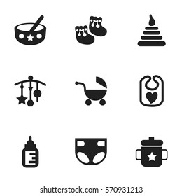 Set Of 9 Editable Child Icons. Includes Symbols Such As Adorn, Pinafore, Spoon And More. Can Be Used For Web, Mobile, UI And Infographic Design.