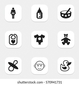 Set Of 9 Editable Child Icons. Includes Symbols Such As Nursing Bottle, Spoon, Pregnancy And More. Can Be Used For Web, Mobile, UI And Infographic Design.