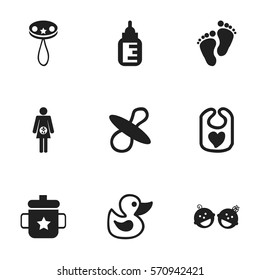 Set Of 9 Editable Child Icons. Includes Symbols Such As Footmark, Pregnancy, Rattle And More. Can Be Used For Web, Mobile, UI And Infographic Design.