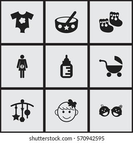 Set Of 9 Editable Child Icons. Includes Symbols Such As Small Dresses, Spoon, Cheerful Child And More. Can Be Used For Web, Mobile, UI And Infographic Design.