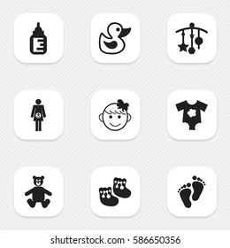 Set Of 9 Editable Child Icons. Includes Symbols Such As Bath Toys, Teddy, Nursing Bottle And More. Can Be Used For Web, Mobile, UI And Infographic Design.