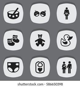 Set Of 9 Editable Child Icons. Includes Symbols Such As Spoon, Bath Toys, Pregnancy And More. Can Be Used For Web, Mobile, UI And Infographic Design.