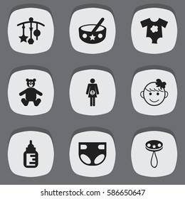 Set Of 9 Editable Child Icons. Includes Symbols Such As Spoon, Small Dresses, Rattle And More. Can Be Used For Web, Mobile, UI And Infographic Design.