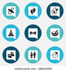 Set Of 9 Editable Child Icons. Includes Symbols Such As Shoes For Babies, Bath Toys, Spoon And More. Can Be Used For Web, Mobile, UI And Infographic Design.