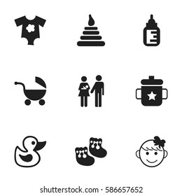 Set Of 9 Editable Child Icons. Includes Symbols Such As Bath Toys, Tower, Nursing Bottle And More. Can Be Used For Web, Mobile, UI And Infographic Design.