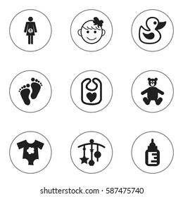 Set Of 9 Editable Child Icons. Includes Symbols Such As Nursing Bottle, Cheerful Child, Pregnancy And More. Can Be Used For Web, Mobile, UI And Infographic Design.