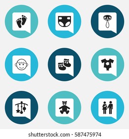 Set Of 9 Editable Child Icons. Includes Symbols Such As Footmark, Nappy, Small Dresses And More. Can Be Used For Web, Mobile, UI And Infographic Design.