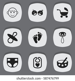 Set Of 9 Editable Child Icons. Includes Symbols Such As Stroller, Nappy, Rattle And More. Can Be Used For Web, Mobile, UI And Infographic Design.