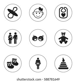 Set Of 9 Editable Child Icons. Includes Symbols Such As Twins Babies, Teddy, Tower And More. Can Be Used For Web, Mobile, UI And Infographic Design.