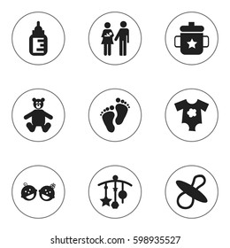 Set Of 9 Editable Child Icons. Includes Symbols Such As Nursing Bottle, Lineage, Adorn And More. Can Be Used For Web, Mobile, UI And Infographic Design.