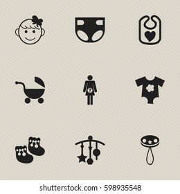 Set Of 9 Editable Child Icons. Includes Symbols Such As Rattle, Stroller, Small Dresses And More. Can Be Used For Web, Mobile, UI And Infographic Design.