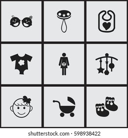 Set Of 9 Editable Child Icons. Includes Symbols Such As Shoes For Babies, Cheerful Child, Pinafore And More. Can Be Used For Web, Mobile, UI And Infographic Design.