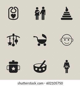 Set Of 9 Editable Child Icons. Includes Symbols Such As Goplet, Lineage, Adorn And More. Can Be Used For Web, Mobile, UI And Infographic Design.