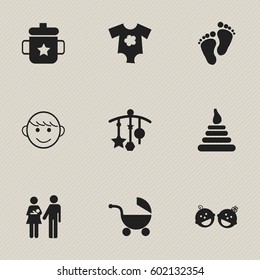 Set Of 9 Editable Child Icons. Includes Symbols Such As Adorn, Stroller, Goplet And More. Can Be Used For Web, Mobile, UI And Infographic Design.