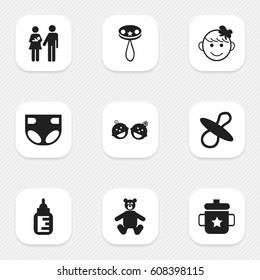 Set Of 9 Editable Child Icons. Includes Symbols Such As Soothers, Twins Babies, Teddy And More. Can Be Used For Web, Mobile, UI And Infographic Design.