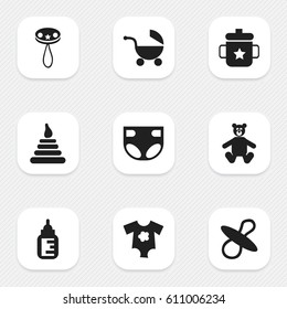 Set Of 9 Editable Child Icons. Includes Symbols Such As Teddy, Nursing Bottle, Tower And More. Can Be Used For Web, Mobile, UI And Infographic Design.