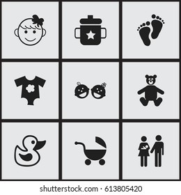 Set Of 9 Editable Child Icons. Includes Symbols Such As Small Dresses, Bath Toys, Twins Babies And More. Can Be Used For Web, Mobile, UI And Infographic Design.