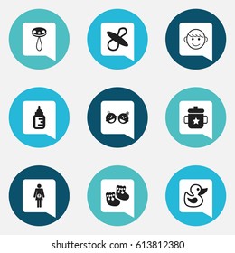 Set Of 9 Editable Child Icons. Includes Symbols Such As Nursing Bottle, Bath Toys, Goplet And More. Can Be Used For Web, Mobile, UI And Infographic Design.