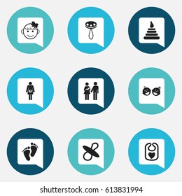 Set Of 9 Editable Child Icons. Includes Symbols Such As Pinafore, Tower, Soothers And More. Can Be Used For Web, Mobile, UI And Infographic Design.
