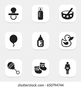 Set Of 9 Editable Child Icons. Includes Symbols Such As Nursing Bottle, Spoon, Pregnancy And More. Can Be Used For Web, Mobile, UI And Infographic Design.